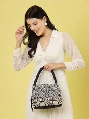 tribal beige & navy abstract cotton jacquard handheld bag 2