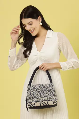 tribal beige & navy abstract cotton jacquard handheld bag