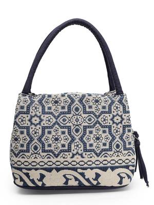 tribal beige & navy abstract cotton jacquard handheld bag 3
