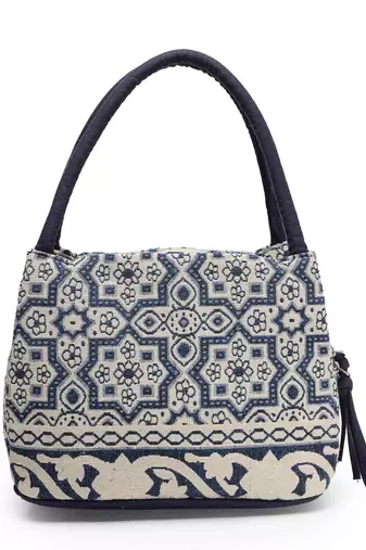 tribal beige & navy abstract cotton jacquard handheld bag