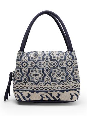 tribal beige & navy abstract cotton jacquard handheld bag 4