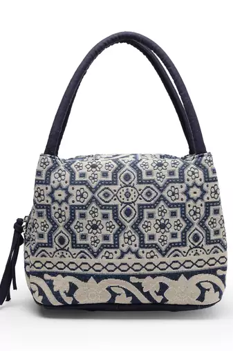 tribal beige & navy abstract cotton jacquard handheld bag