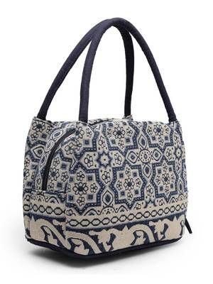 tribal beige & navy abstract cotton jacquard handheld bag 5