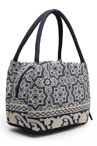 tribal beige & navy abstract cotton jacquard handheld bag