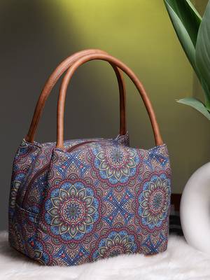 tribal multi & tan mandala cotton jacquard handheld bag 1