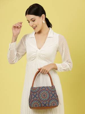 tribal multi & tan mandala cotton jacquard handheld bag 2