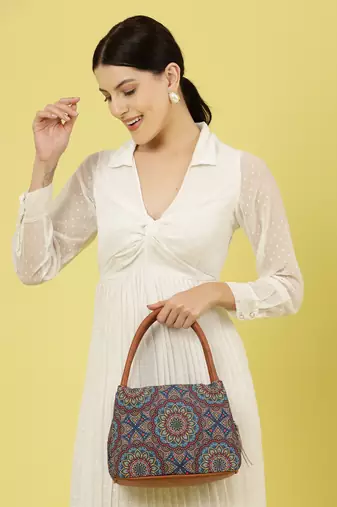 tribal multi & tan mandala cotton jacquard handheld bag