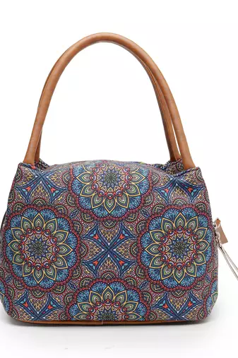 tribal multi & tan mandala cotton jacquard handheld bag