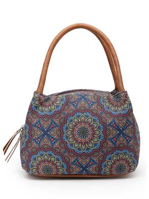 tribal multi & tan mandala cotton jacquard handheld bag 4