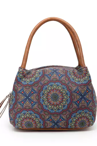 tribal multi & tan mandala cotton jacquard handheld bag