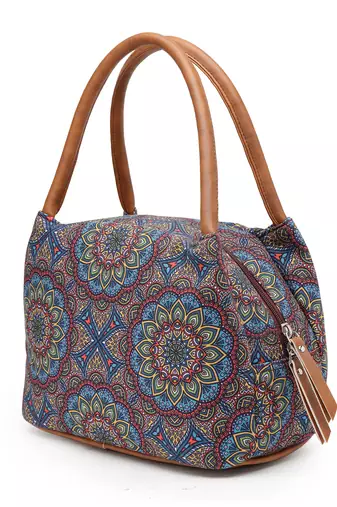 tribal multi & tan mandala cotton jacquard handheld bag