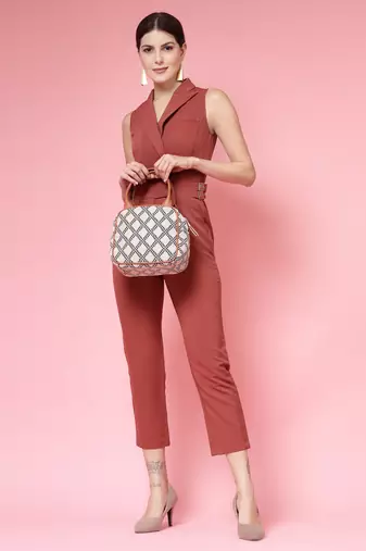 geomat beige, black & tan lattice cotton jacquard handheld bag