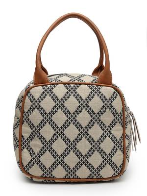 geomat beige, black & tan lattice cotton jacquard handheld bag 3