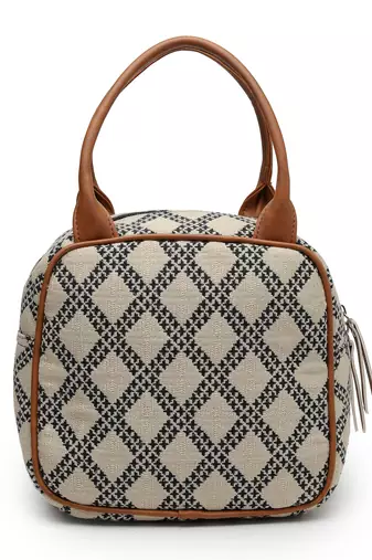 geomat beige, black & tan lattice cotton jacquard handheld bag
