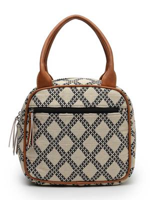 geomat beige, black & tan lattice cotton jacquard handheld bag 4