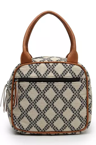 geomat beige, black & tan lattice cotton jacquard handheld bag