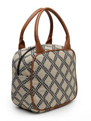 geomat beige, black & tan lattice cotton jacquard handheld bag 5