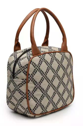 geomat beige, black & tan lattice cotton jacquard handheld bag