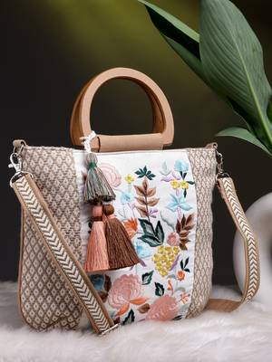 kooky camel brown & multi floral embroidered cotton jacquard handheld bag 1