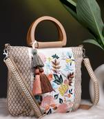kooky camel brown & multi floral embroidered cotton jacquard handheld bag