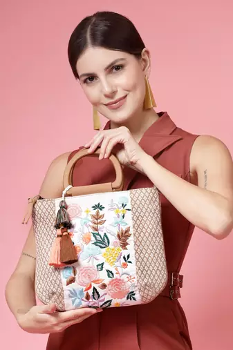 kooky camel brown & multi floral embroidered cotton jacquard handheld bag