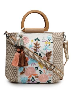 kooky camel brown & multi floral embroidered cotton jacquard handheld bag 4
