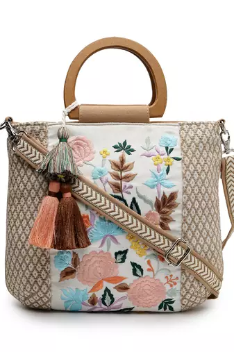 kooky camel brown & multi floral embroidered cotton jacquard handheld bag