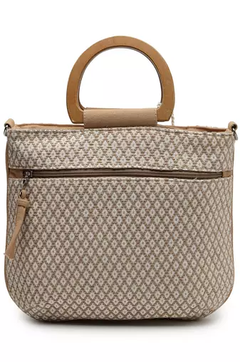 kooky camel brown & multi floral embroidered cotton jacquard handheld bag