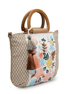 kooky camel brown & multi floral embroidered cotton jacquard handheld bag 6