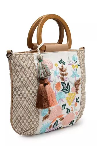 kooky camel brown & multi floral embroidered cotton jacquard handheld bag