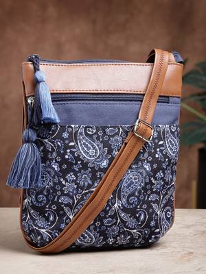 lush navy & tan paisely printed polycotton sling bag 1