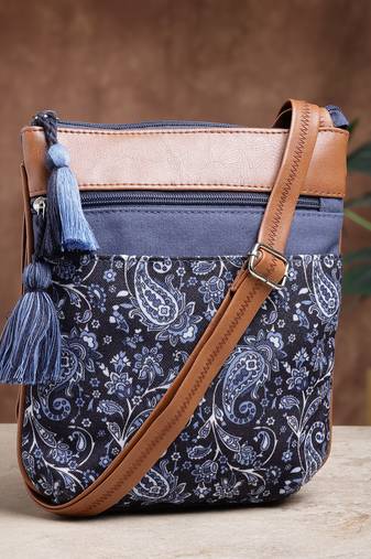Anekaant lush navy & tan paisely printed polycotton sling bag