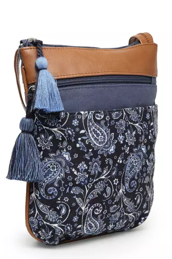 lush navy & tan paisely printed polycotton sling bag