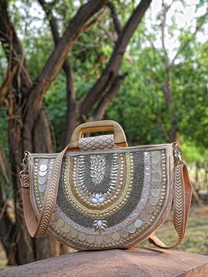 boho camel brown & gold ethnic embellished cotton jacquard handheld bag 1