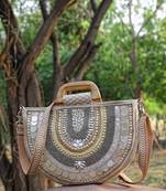 boho camel brown & gold ethnic embellished cotton jacquard handheld bag