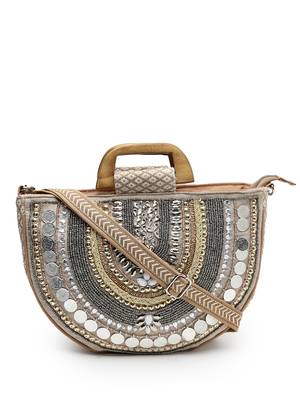 boho camel brown & gold ethnic embellished cotton jacquard handheld bag 4