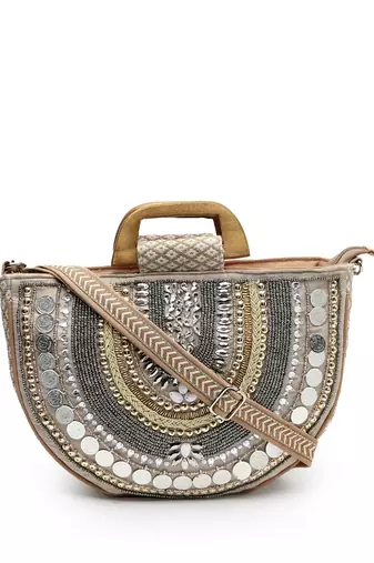 boho camel brown & gold ethnic embellished cotton jacquard handheld bag