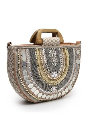 boho camel brown & gold ethnic embellished cotton jacquard handheld bag 6