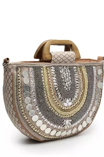 boho camel brown & gold ethnic embellished cotton jacquard handheld bag