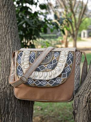 boho camel brown & gold ethnic embellished cotton jacquard sling bag 1