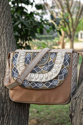 Anekaant boho camel brown & gold ethnic embellished cotton jacquard sling bag