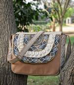 boho camel brown & gold ethnic embellished cotton jacquard sling bag