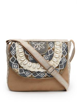 boho camel brown & gold ethnic embellished cotton jacquard sling bag 4