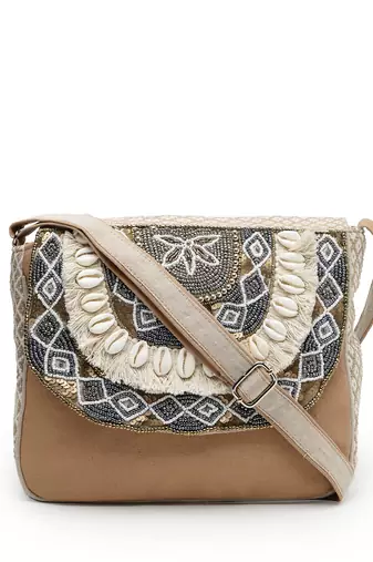 boho camel brown & gold ethnic embellished cotton jacquard sling bag