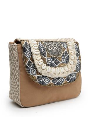 boho camel brown & gold ethnic embellished cotton jacquard sling bag 6