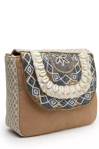 boho camel brown & gold ethnic embellished cotton jacquard sling bag