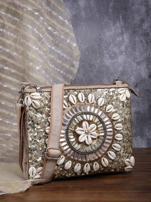 boho camel brown & gold seashell embellished cotton jacquard sling bag 1