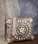 boho camel brown & gold seashell embellished cotton jacquard sling bag