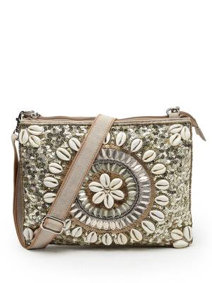 boho camel brown & gold seashell embellished cotton jacquard sling bag 4