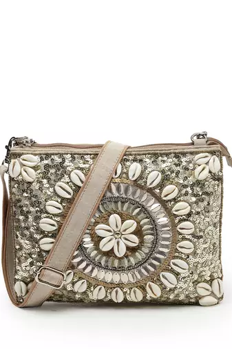 boho camel brown & gold seashell embellished cotton jacquard sling bag